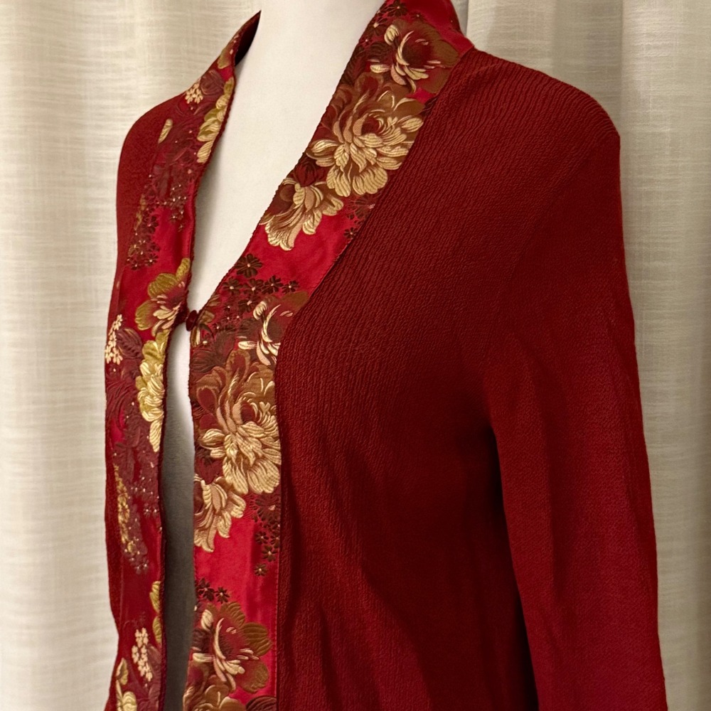 Ball of Cotton Red Textured Knit Cardigan with Floral Brocade Trim Women's S - Picture 10 of 16